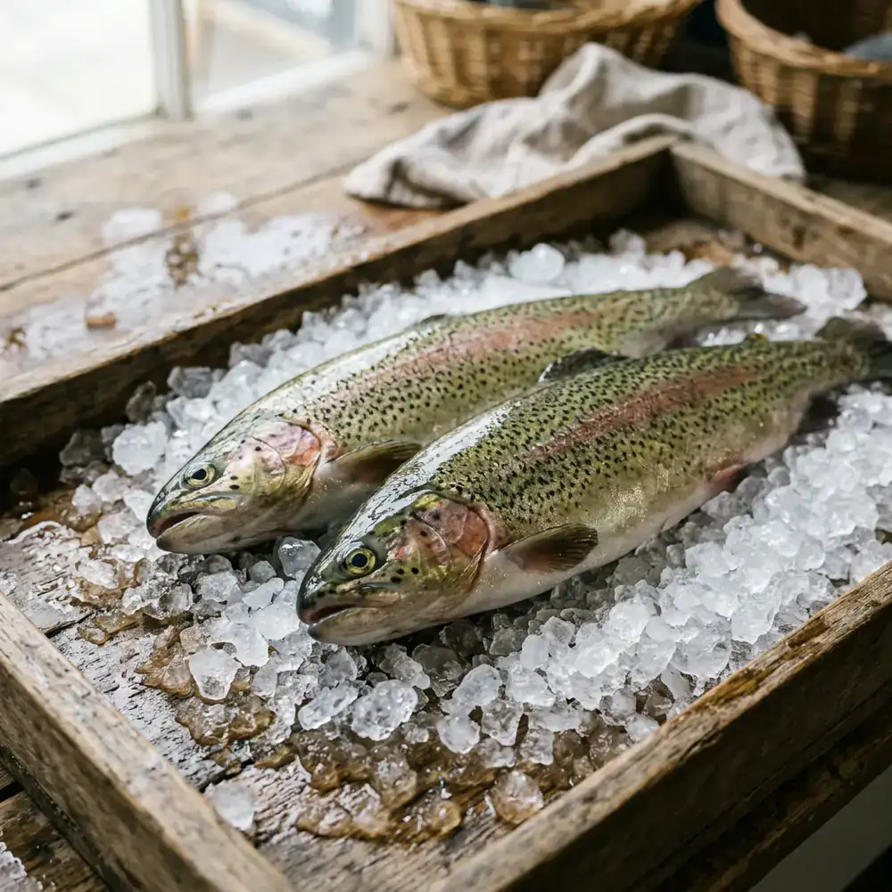 Fresh river trout lying on crushed ice