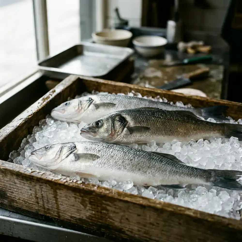 Fresh whole fish on crushed ice