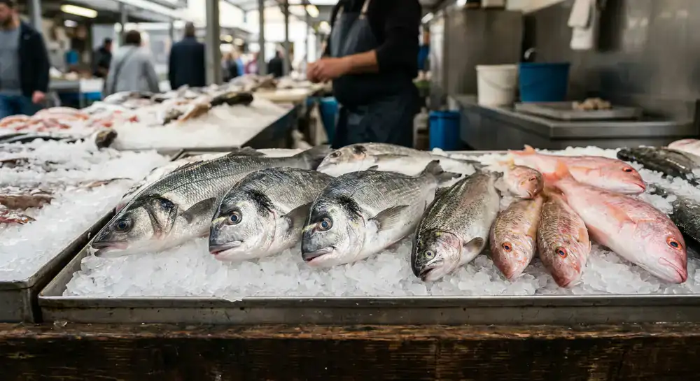 Close-up of fresh fish arranged neatly on ice at the market stall