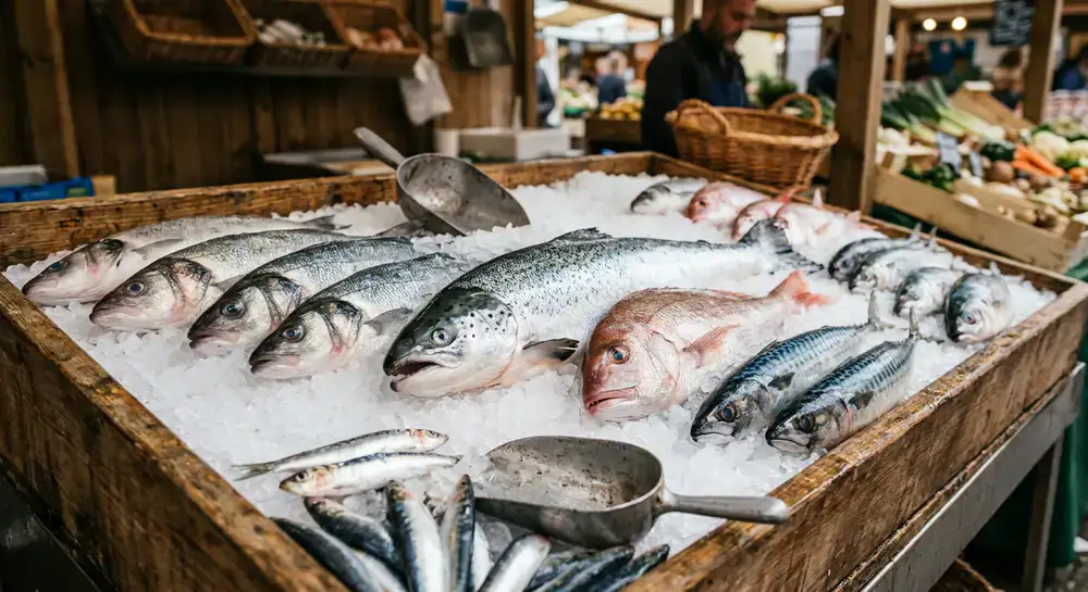 Fresh fish displayed beautifully on market ice