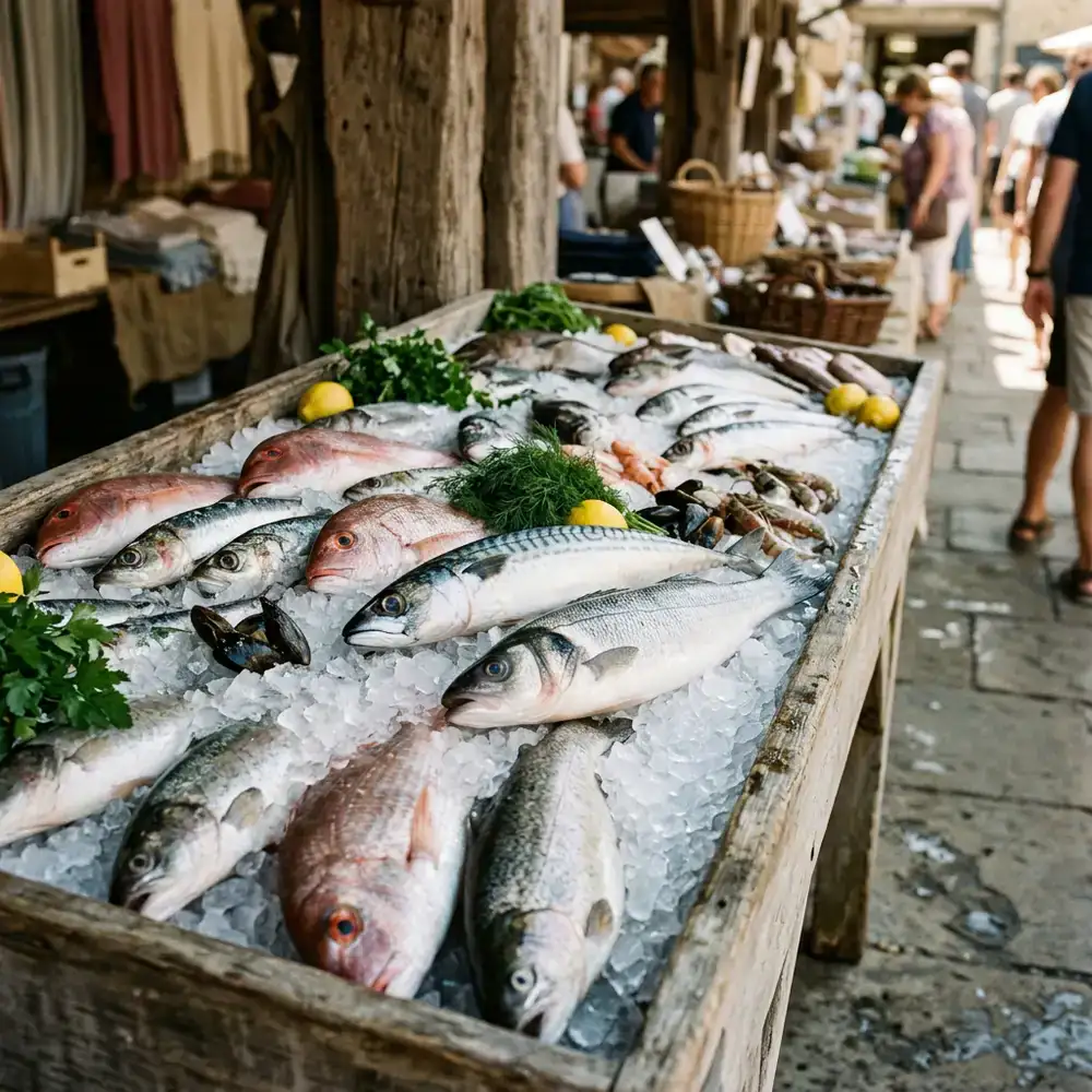Fresh fish displayed on ice at our rustic market