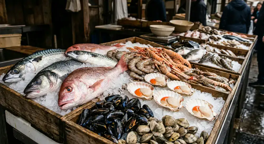 Fresh seafood laid out on ice at the market