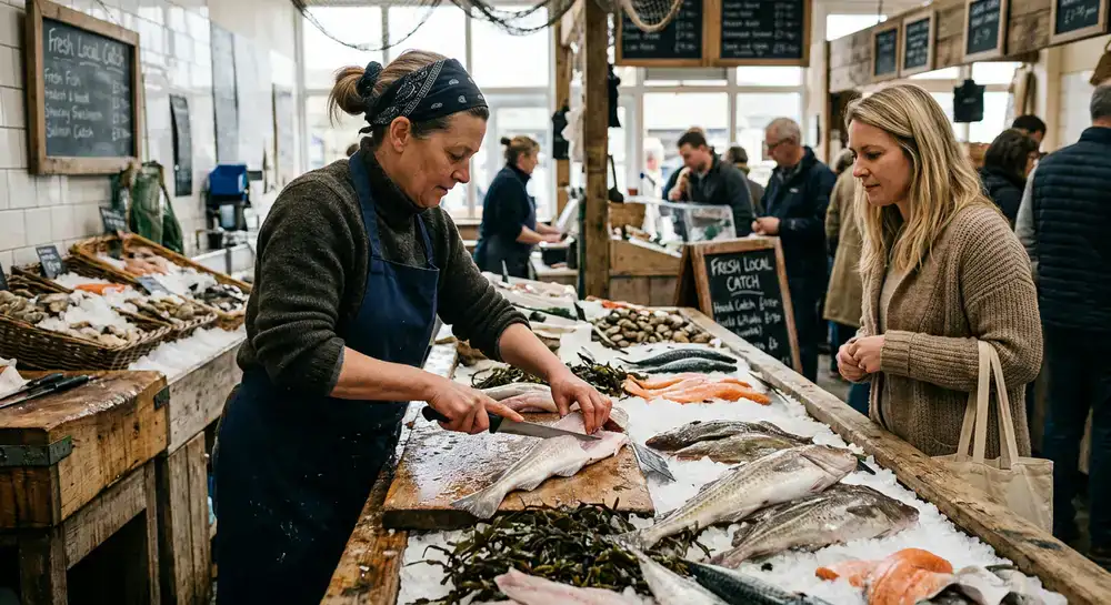 Fishmonger preparing fresh fish for a customer