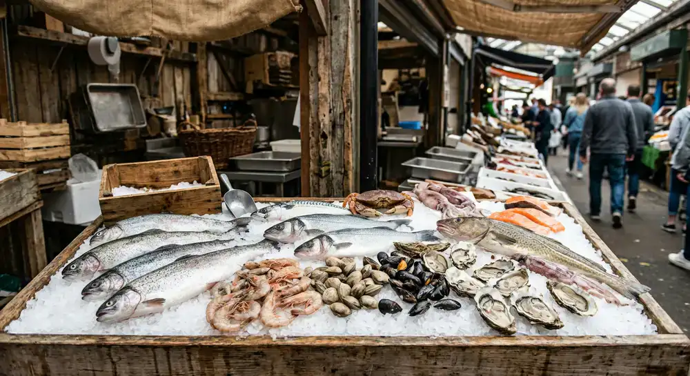 Fresh seafood displayed on ice at a rustic market stall