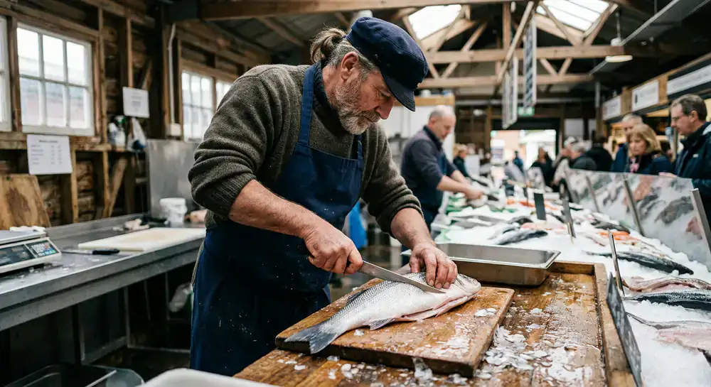 Fishmonger expertly cutting fresh fish