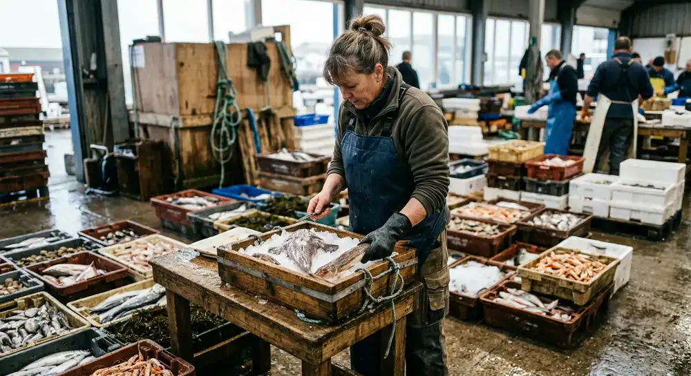 Seafood specialist inspecting daily supply