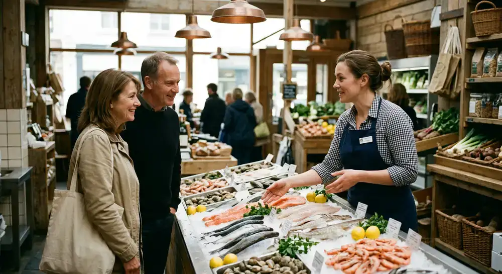 Market manager assisting customers with seafood